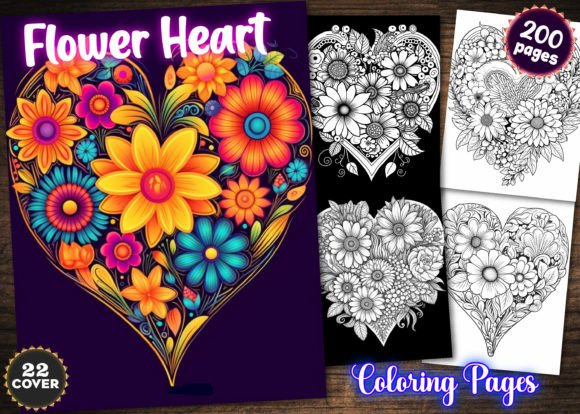 200 Flower Heart Coloring Pages for KDP