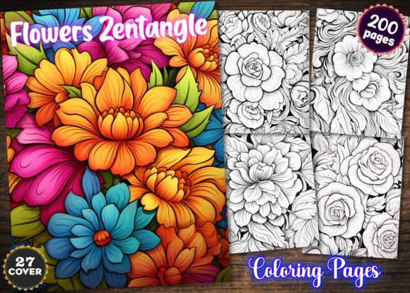 200 Flowers Zentangle Coloring Book KDP